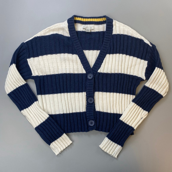 AMERICAN EAGLE Sweaters - American Eagle Cardigan Womens XS Navy White Stripe Ribbed Crop Nautical Indie
